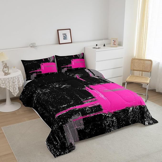 Feelyou Black Hot Pink Comforter Queen Size Geometric Comforter Set for Boys Girls Children Abstract Bedding Set Room Decor Modern Art Duvet Set 3Pcs