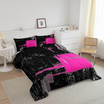 Feelyou Black Hot Pink Comforter Queen Size Geometric Comforter Set for Boys Girls Children Abstract Bedding Set Room Decor Modern Art Duvet Set 3Pcs