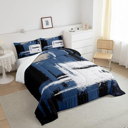 Feelyou Abstract Bedding Set Comforter Set for Kids Boys Girls Teens Room Decor Modern Abstract Art Comforter Blue Black Grey Duvet Set 3Pcs Full Size