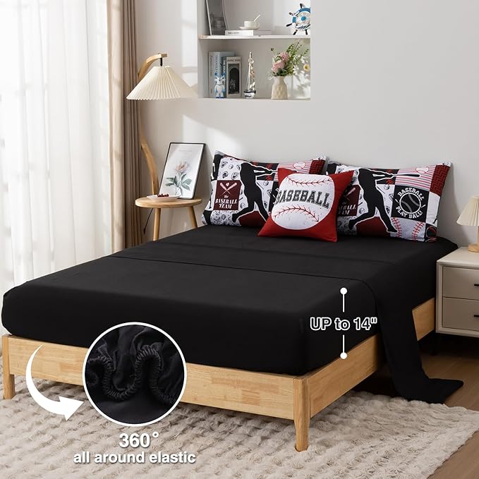 A Nice Night Sports Geometric Grid Black Patchwork Baseball Printed for Boys Twin 6Pcs Bed in A Bag Comforter Bedding Set, Red