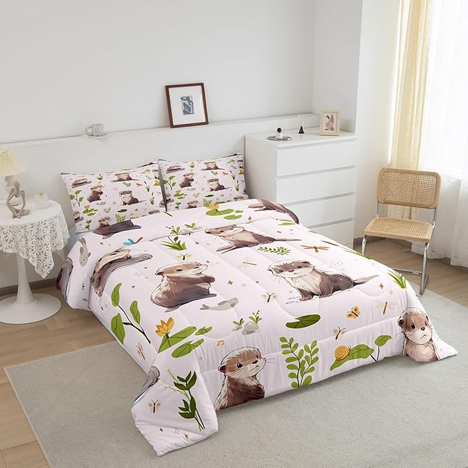 Cartoon Otter Comforter Set Cute Butterfly Wild Dragonfly Bedding Comforter for Kids Girls Teens Watercolor Lotus Leaf Lovely Wild Animal Bedroom Quilt Set with 2 Pillowcases Queen Size 3 Pcs