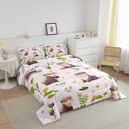 Cartoon Otter Comforter Set Cute Butterfly Wild Dragonfly Bedding Set for Kids Girls Teens Watercolor Lotus Leaf Lovely Wild Animal Microfiber Duvet Set with 1 Pillowcase Twin Size 2 Pcs