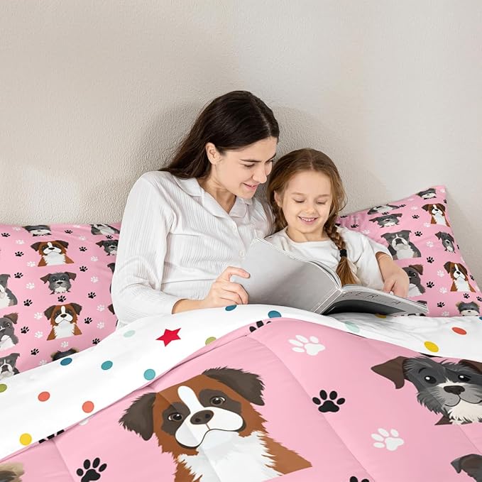 Castle Fairy Cute Dogs Bedding Sets Toddler Size 2 Pcs,Cartoon Watercolor Puppy Animals Comforter Set for Kids Girls Teen,Black White Paw Print Quilted Comforter with 1 Pillowcase