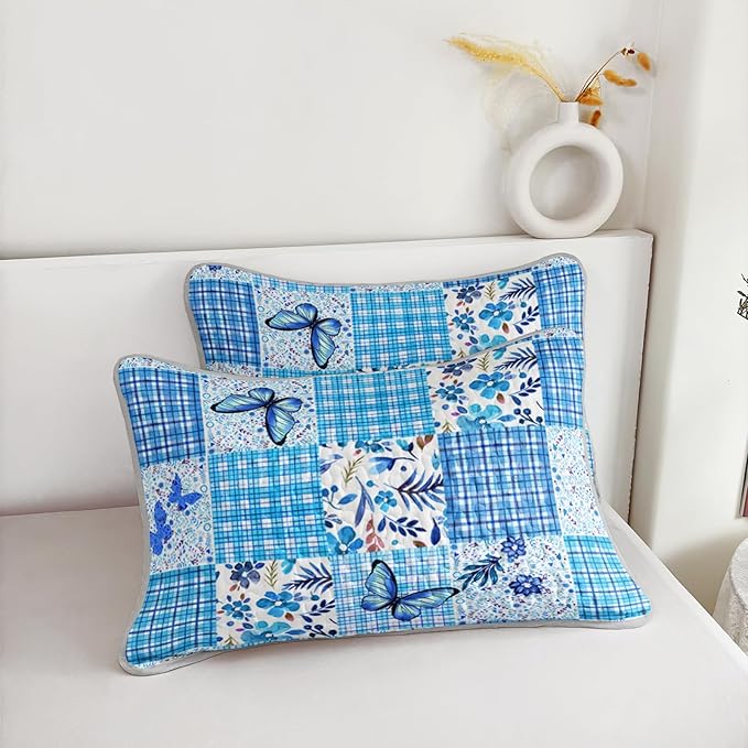 QOOMO Patchwork Quilt Set Twin Size,Floral Bedspread Coverlet Set,Butterflies 3Pcs Bedding Set Printed Quilt with 2 Pillowcases,Soft and Lightweight,for All Seasons