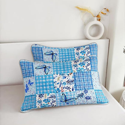 QOOMO Patchwork Quilt Set Twin Size,Floral Bedspread Coverlet Set,Butterflies 3Pcs Bedding Set Printed Quilt with 2 Pillowcases,Soft and Lightweight,for All Seasons