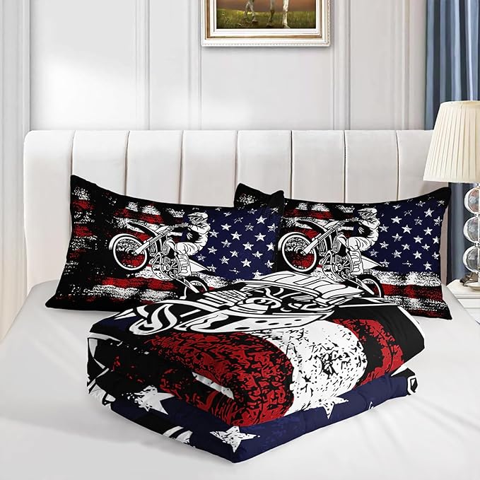 Axolotl Dirt Bike Comforter Set King,American Flag Bedding Set,Motocross Comforter for Boys,White Red Stripes Stars Comforter,Motorcycle Racer Bedding for Kids Teens Men,1 Quilt 2 Pillowcases