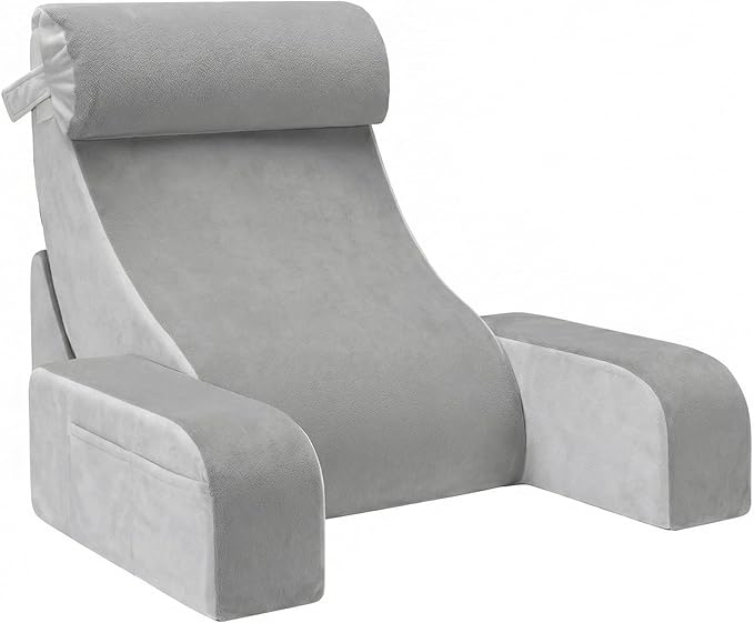 Reading Pillow for Sitting in Bed Adult, Back Support Pillow for Bed Sitting Up, Husband Pillow with Arms, Bed Pillow with Pocket for Reading/Gaming/Resting/Watching TV