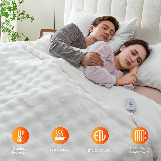 Heated Blanket Electric Twin- 62"x84" Soft Thick Bubble Electric Blanket for Sofa with 5 Heat Levels & 4 Hours Auto-Off Overheat Protection, Warm Cozy Gifts, Cream