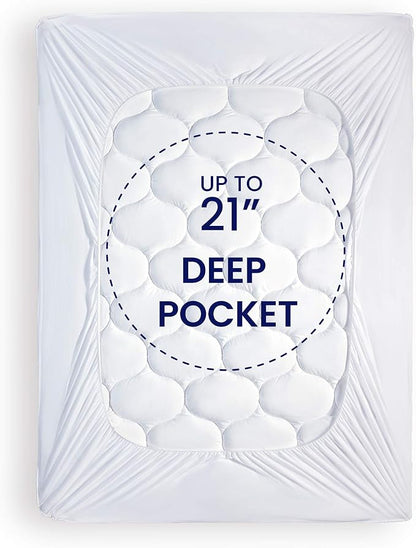 SLEEP ZONE Full Size Mattress Pad Protector, Quilted Fitted Bed Mattress Topper, Elastic Fitted Mattress Cover Stretches up to 21 Inches Deep, Machine Washable (White)