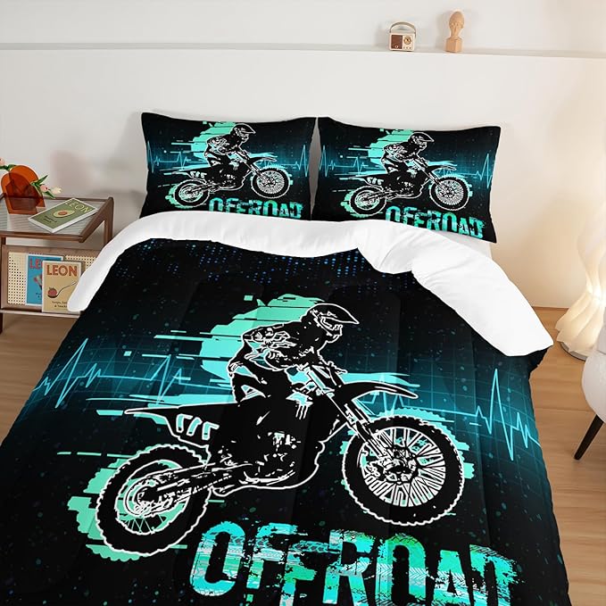 HOSIMA Extreme Sport Theme Comforter Motorcycle Full Size Bed in a Bag for Boys Kids Teens,Dirt Bike Tournment Kids Game Room Decor,Motocross Rider Black Comforter with 2 Pillowcases.