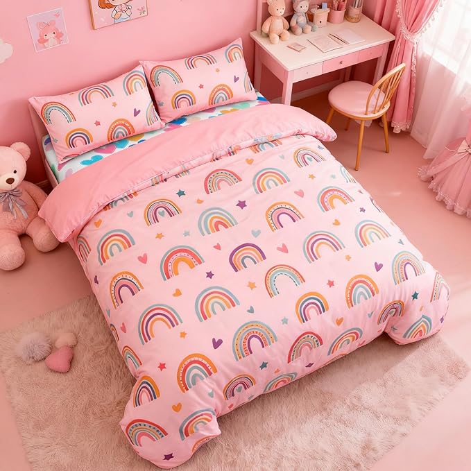 Holawakaka Boho Rainbow Twin Comforter Set with Sheets, 5-Piece Bohemian Love Heart Star Bedding Set for Girls & Women -Super Soft Microfiber Kids Teen-Girls Twin Size Blush Reversible Bed-in-a-Bag