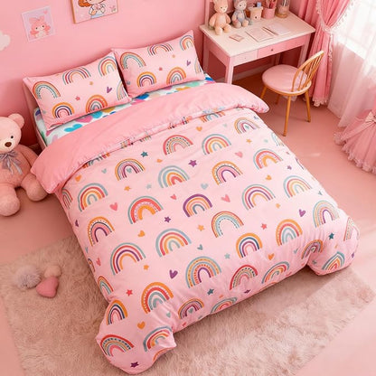 Holawakaka Boho Rainbow Twin Comforter Set with Sheets, 5-Piece Bohemian Love Heart Star Bedding Set for Girls & Women -Super Soft Microfiber Kids Teen-Girls Twin Size Blush Reversible Bed-in-a-Bag