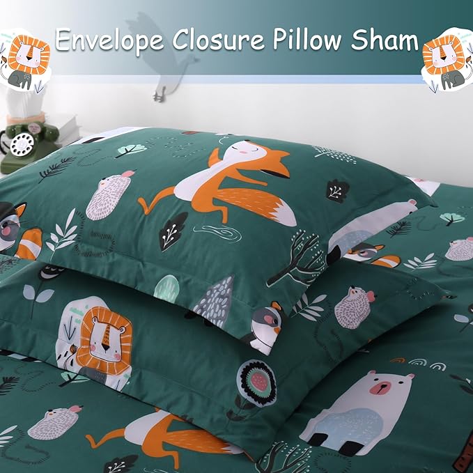 JSD Green Forest Animal Kids Duvet Cover Set Full Size, 3 Piece Soft Printed Microfiber Comforter Cover with Pillow Sham Zipper Closure, Comforter Not Included
