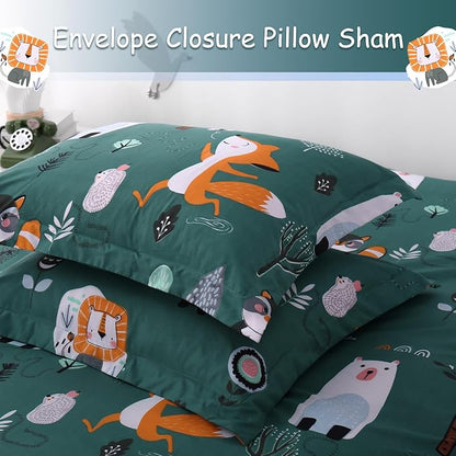 JSD Green Forest Animal Kids Duvet Cover Set Twin Size, 2 Piece Soft Printed Microfiber Comforter Cover with Pillow Sham Zipper Closure, Comforter Not Included