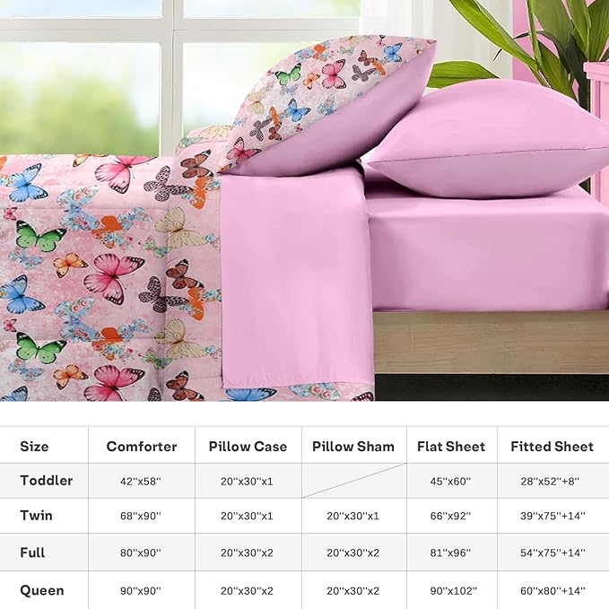 Nesker 7 Pcs Comforter Set Queen Size, Colorful Butterfly Bedding for Kids Teen, Cute Butterflies with Fitted Sheet 2 Pillowcases & 2 Shams for Bedroom Bed Decor