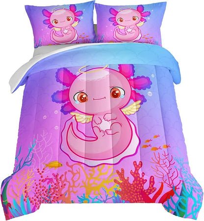 HOSIMA Cartoon 3D Print Axolotl Comforter Sets Twin Size,Cute Ocean Animal Bedding Sets for Kids Girls,Color Undersea World Plant Print Comforter Sets Decorative with 2 Pillowcases.