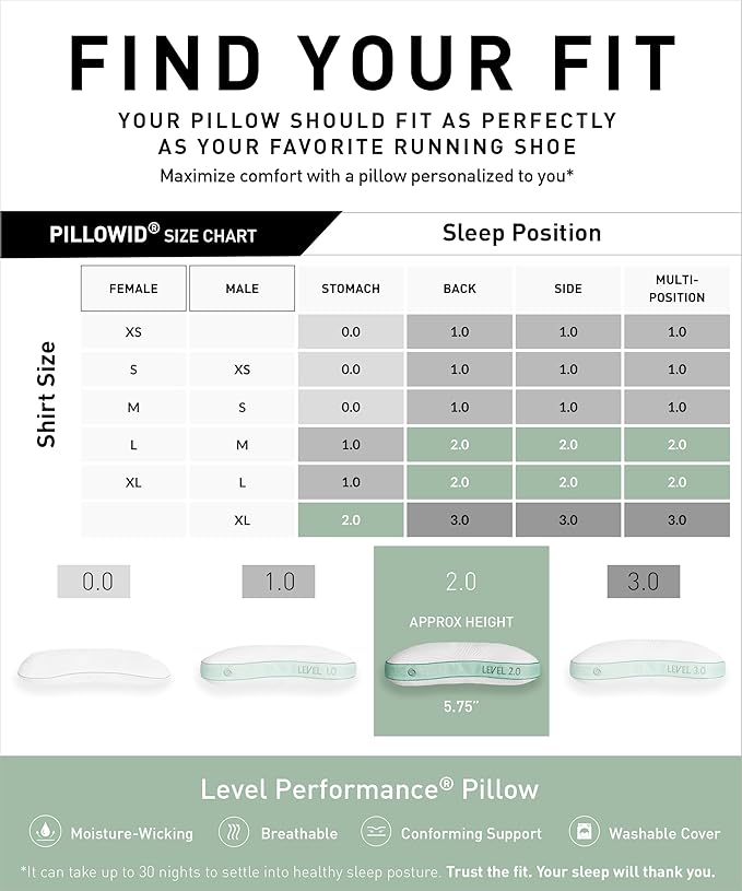 Bedgear Level Cuddle Performance Pillow - Firm Bed Pillow for Side Sleepers - Moisture Wicking Removable Cover - Size 2.0