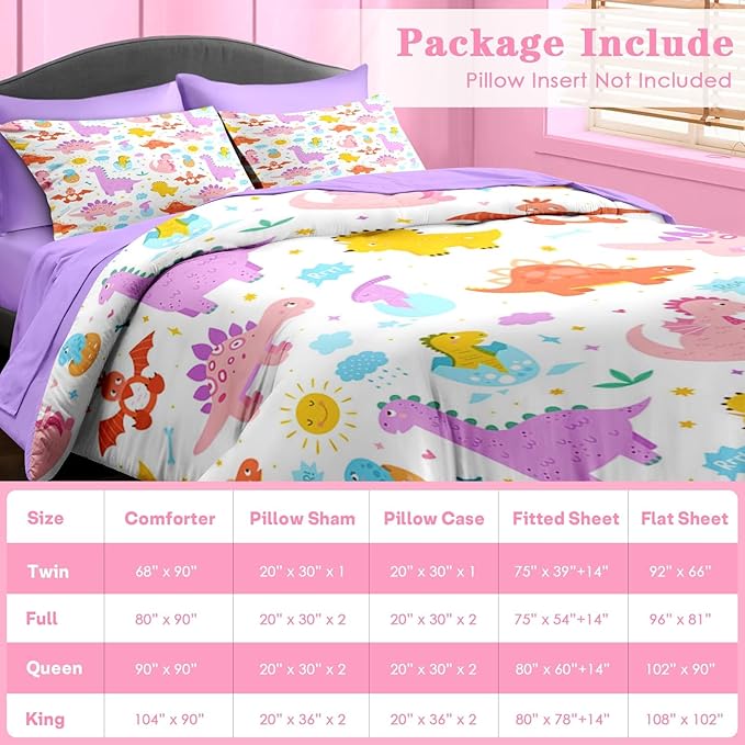 Comforter Set Queen Size, Cute Dinosaur 7 Pcs Purple Bedding for Kids and Adults, Rainbow Happy Bed Sheet Sets with Fitted Sheet 2 Pillowcase & 2 Sham for Bedroom Bed Decor