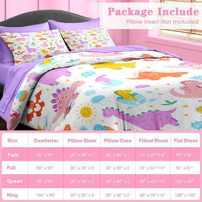 Comforter Set Twin Size, Cute Dinosaur 5 Pcs Bedding for Kids and Adults, Love Rainbow Happy Bed Sheet Sets with Fitted Sheet Pillowcase & Sham for Bedroom Bed Decor