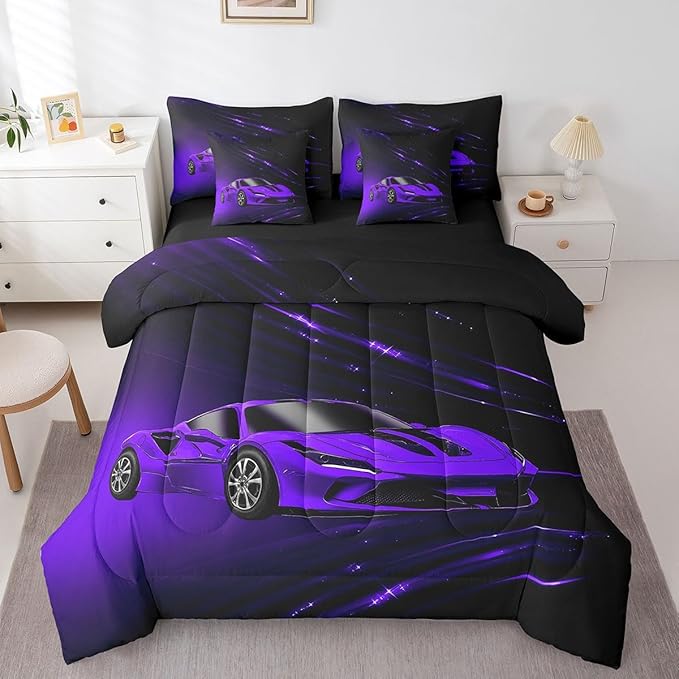 Feelyou Boys Purple Race Car 7 Piece Bedding Set Full Size Speed Sports Car Comforter Set with Sheets for Kids Teens Adult Fast and Furious Bed in a Bag Purple Ombre Bed Set