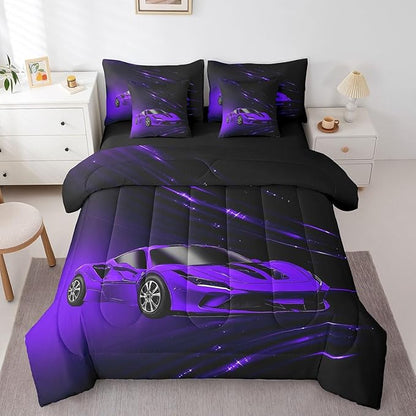 Feelyou Boys Purple Race Car 7 Piece Bedding Set Full Size Speed Sports Car Comforter Set with Sheets for Kids Teens Adult Fast and Furious Bed in a Bag Purple Ombre Bed Set
