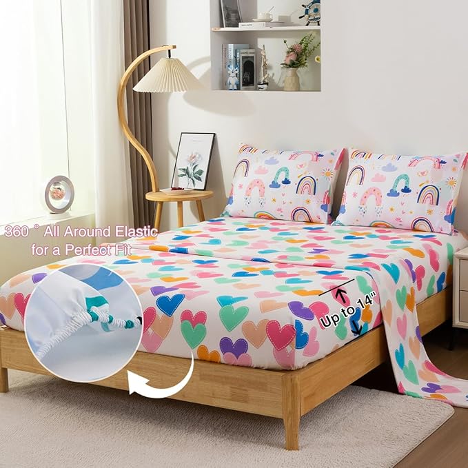 Holawakaka Boho Rainbow Twin Comforter Set with Sheets, 5-Piece Bohemian Love Heart Star Bedding Set for Girls & Women -Super Soft Microfiber Kids Teen-Girls Reversible Bed-in-a-Bag