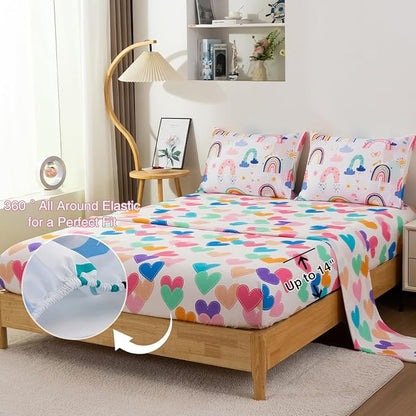 Holawakaka Boho Rainbow Twin Comforter Set with Sheets, 5-Piece Bohemian Love Heart Star Bedding Set for Girls & Women -Super Soft Microfiber Kids Teen-Girls Reversible Bed-in-a-Bag