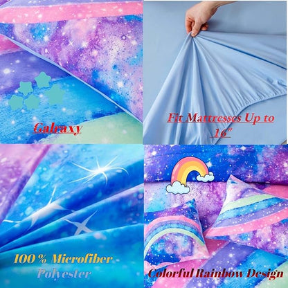 ANGIYUIN Tie Dye Blue Twin Size Comforter Sets for Kids Girls 6 Pieces Colorful Rainbow Bed in A Bag Pastel Gradient Galaxy Bedding Sets with Sheets, Comforter and Pillowcases for Teens Kids