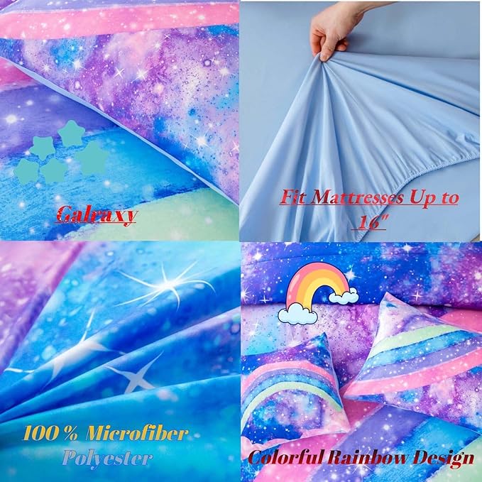 ANGIYUIN Rainbow Full Size Bedding Comforter Set for Girls Gradient Glitter Comforter Set 3D Tie Dye Blue Bedding Sets 6Pcs Soft Lightweight Girl Bed in A Bag for All Season