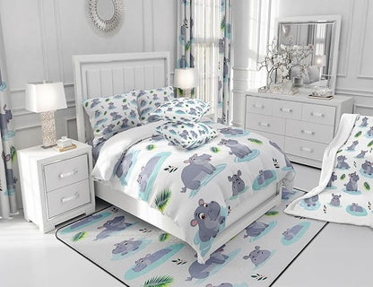 Cartoon Hippo Kids Comforter Set Queen Size 3 Pcs Cute Wild Animal Rustic Style Bedding Set for Boys Girls Teens Blue Water Green Leaves Hippie Quilted Comforter with 2 Pillowcases