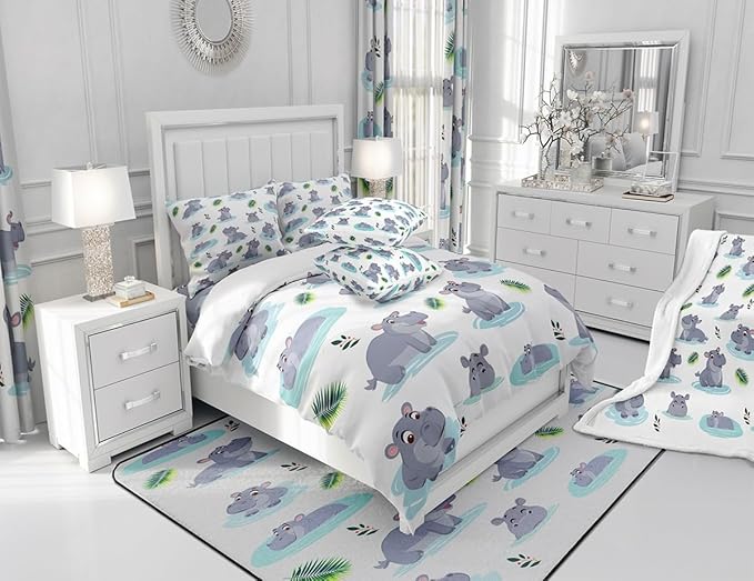 Cartoon Hippo Kids Comforter Set Full Size 3 Pcs Cute Wild Animal Rustic Style Bedding Set for Boys Girls Teens Blue Water Green Leaves Hippie Microfiber Duvet Set with 2 Pillowcases