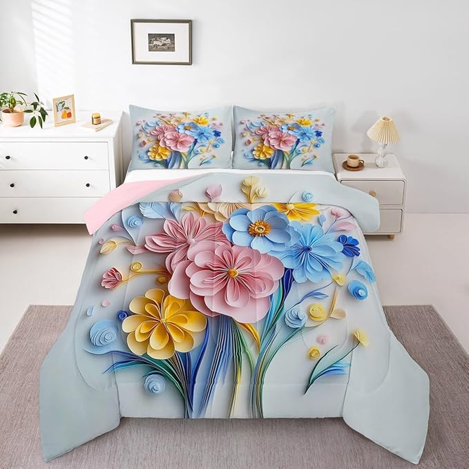 Erosebridal Vintage Floral Twin Comforter Set,Pink and Blue Flower Bedding Sets for Girls Kids Teen,Boho Flowers Wildflower Bed Set,Country Cottage Core Room Decor with 1 Pillowcase,Ultra Soft