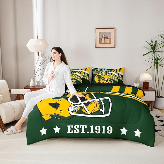 Erosebridal Football Seasonal Queen Bedding Sets for Boys Girls Adults Football Illustration Comforter + Flat Sheet + Fitted Sheet + 2 Pillowcases + 2 Throw Pillow Covers