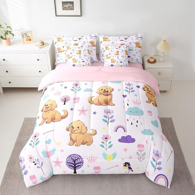 Erosebridal 7 Pieces Bed in a Bag Full Bedding Set with Sheets,Floral Golden Retriever Comforter Sets for All Season,1 Comforter, 2 Cushion Covers, 1 Flat Sheet, 1 Fitted Sheet, 2 Pillowcases