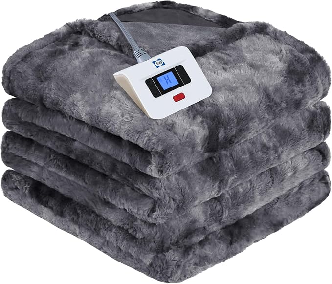 Sealy Electric Blanket Twin Size, Faux Fur & Flannel Fast Heated Blanket with 10 Heating Levels & 1-12 Hours Auto Off, Machine Washable, Grey, 62x 84 Inch