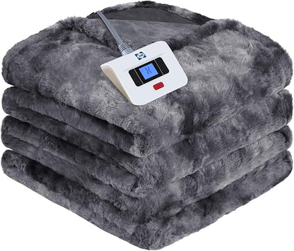 Sealy Electric Blanket Twin Size, Faux Fur & Flannel Fast Heated Blanket with 10 Heating Levels & 1-12 Hours Auto Off, Machine Washable, Grey, 62x 84 Inch