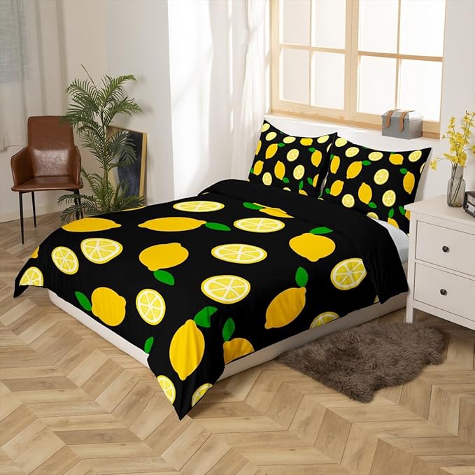 Lemon Bedding Set Queen,Tropical Fruit Leaves Duvet Cover Set 3pcs for Kids Teens Boys Girls Room Decor,Botanical Natural Comforter Cover Bright Yellow and Black Quilt Cover with 2 Pillowcases