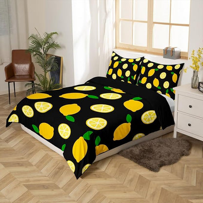 Lemon Duvet Cover Set Twin,Tropical Fruit Leaves Bedding Set 2pcs for Kids Teens Boys Girls Room Decor,Botanical Natural Comforter Cover Bright Yellow and Black Quilt Cover with 1 Pillowcase