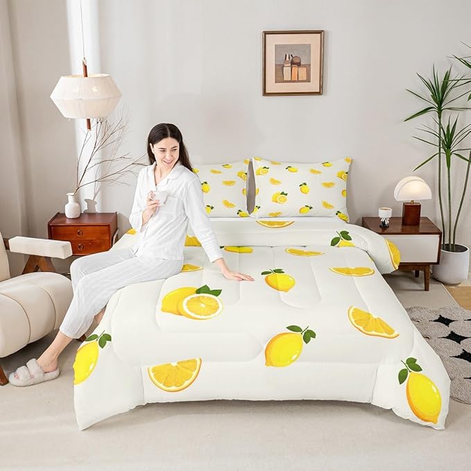 Lemon Comforter Set Queen Size,Yellow Fruit Print Bedding Set Kids Young Man,Summer Cool Comforter for Teen Child Room Decor,Cartoon Lemon Quilted Duvet Set with 2 Pillowcase