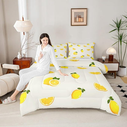 Lemon Comforter Set Twin Size,Yellow Fruit Print Duvet Insert for Kid Teen Boys Girls Room Decor,Summer Cool Quilted Duvet,Cartoon Lemon Quilt Cover with 1 Pillowcase
