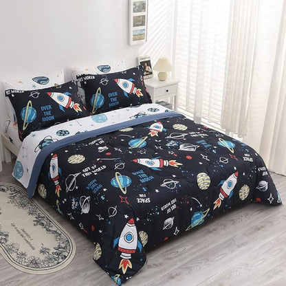 Wajade Kids Space Comforter Set Bed in A Bag Twin Size 7 Piece 3D Space Rocket Planets Bedding Set for Teens Boys Girls (1 Comforter, 1 Flat Sheet, 1 Fitted Sheet, 2 Pillowcase and 2 Pillow Sham)