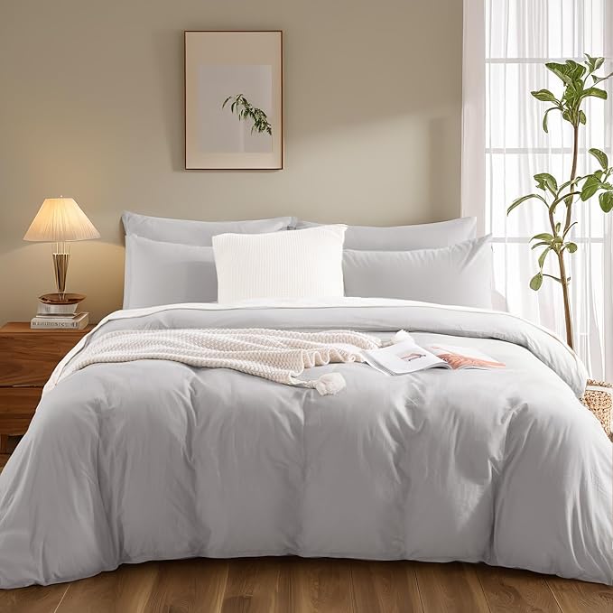 NEXHOME PRO Duvet Cover Set California King Linen Look Textured Organic Natural 100% Washed Cotton Duvet Cover 3 Pieces Bedding Set with Zipper Closure, Breathable, Soft, Light Grey (No Comforter)