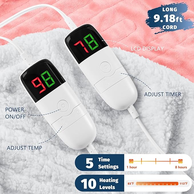 Heated Electric Blanket Queen Size - 84" x 90" Heating Blanket with Dual Control, 10 Heating Levels & 8 Hours Auto Off, Soft Warm Flannel Blanket, Christmas Birthday Gifts for Senior Grandma