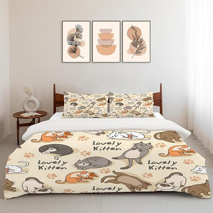 Cute Cat Theme 3 Pieces Duvet Cover Comforter Set with 2 Pillowcase Twin Size Cat Puppy Bed Sheet Quilt Bedroom Bedding for Lover Kids