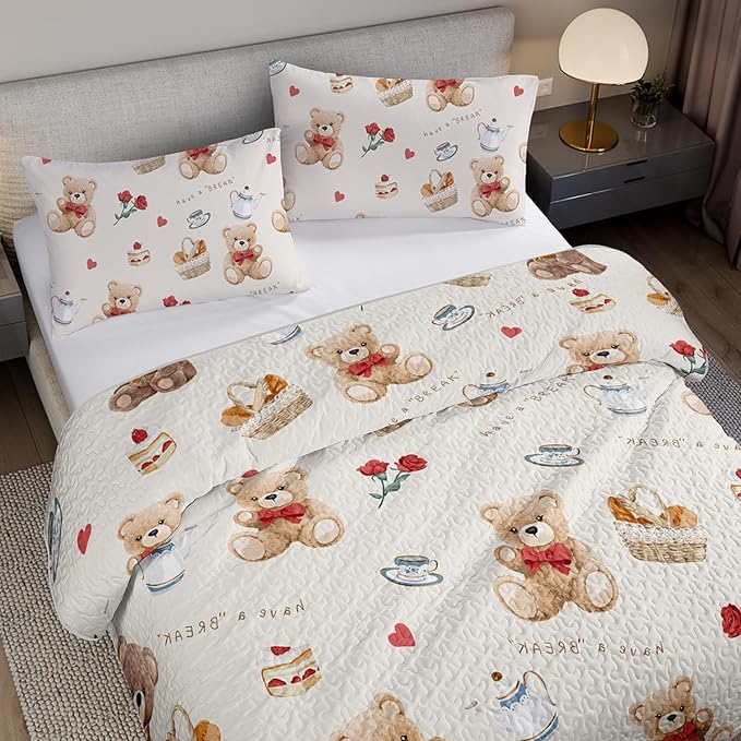 Kawaii Brown Teddy Bear Pet Toy Quilt Bedding Queen 3Pcs Cartoon Rose Cake Breadbasket Bed Set Safari Animal Pattern Bedspread Coverlet with 2 Pillowcases for Kid Boy Girl Teen Adult Room Decor