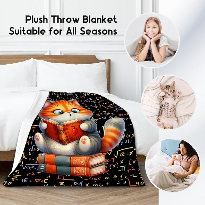 Cat Blankets for Girls - Kids Blanket Gifts for Book Lovers - 60x80 Inch Cozy Soft Flannel Cute Throw for Couch, Office Bed
