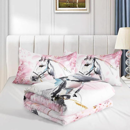 Kid Horse Comforter Set Twin Room Floral Animal Theme Handsome Horse Chic Cherry Blossom Bedding Set Wild Animal Decor Quilt Set for Girls Adult, 1 Comforter + 2 Pillowcases