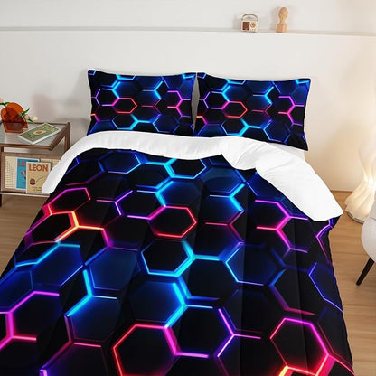Hexagon Geometric Comforter Set Honeycomb Bedding Sets,Blue Neon Gamer Comforter Sets for Boys Men Kids Room Decor,Queen Size Bedding Comforter Sets with 2 Pillowcases.