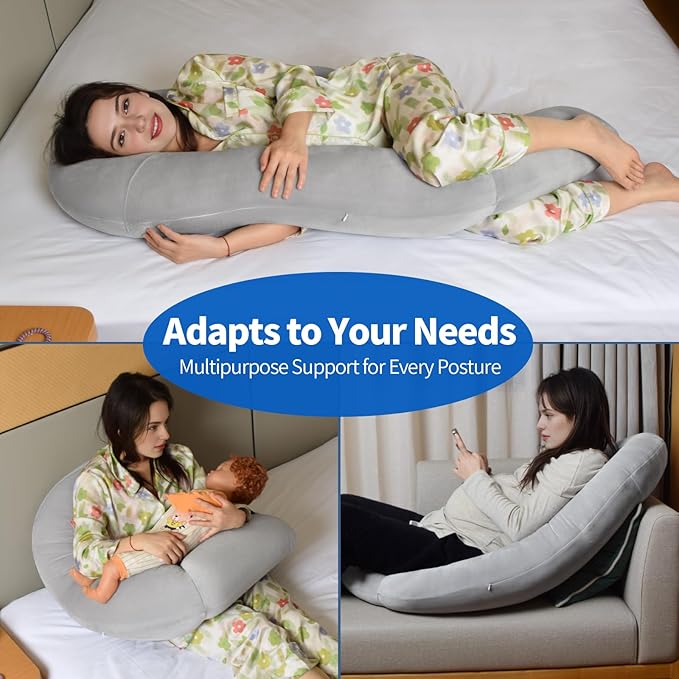 Pozico U-Shaped Full Body Pillow for Side Sleepers – 51-Inch Cooling Pregnancy Pillow with Ear Piercing Design for Neck, Back, and Hip Support – Removable Washable Cover Space-Saving Design