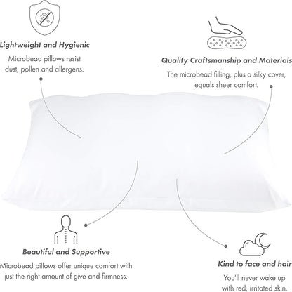 PILLOWY Premium Microbead Bed Pillow, X-Large Extra Fluffy But Supportive - Ultra Comfortable Sleep with Silk Like Anti Aging Cover 85% Spandex/ 15% Nylon Breathable, Cooling Barely Beige